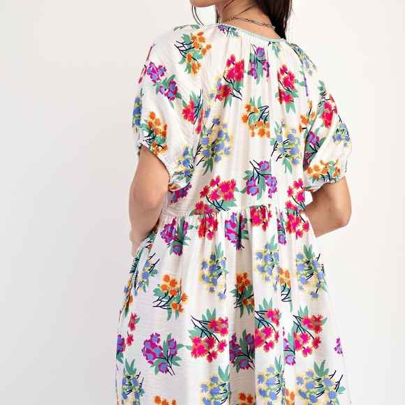 NEW EASEL PRINT MIX STRIPE BUTTON FRONT WOVEN DRESS PUFF SLEEVES FLORAL - Picture 7 of 7